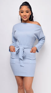 Koreen Blue Off Shoulder Long Sleeve Dress